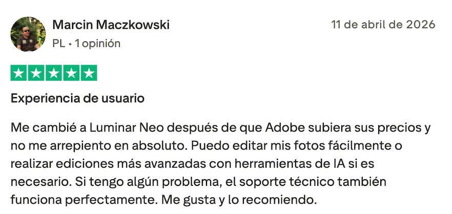 Opinión 1 sobre Luminar Neo en Trustpilot