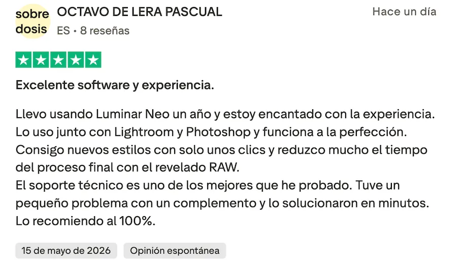 Opinión 2 sobre Luminar Neo en Trustpilot