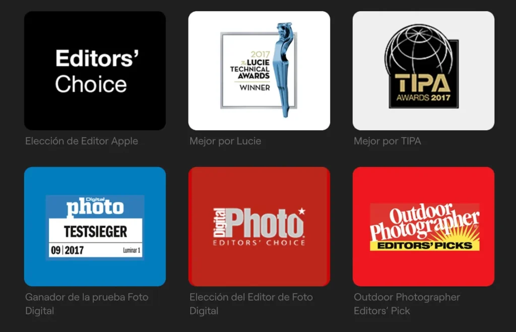 Premios obtenidos por Luminar Neo: Red Dot, TIPA y Apple Best of the Year.