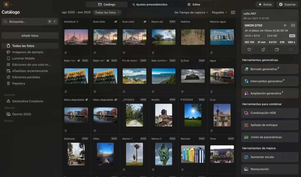 Interfaz del catálogo de Luminar Neo con herramientas generativas.