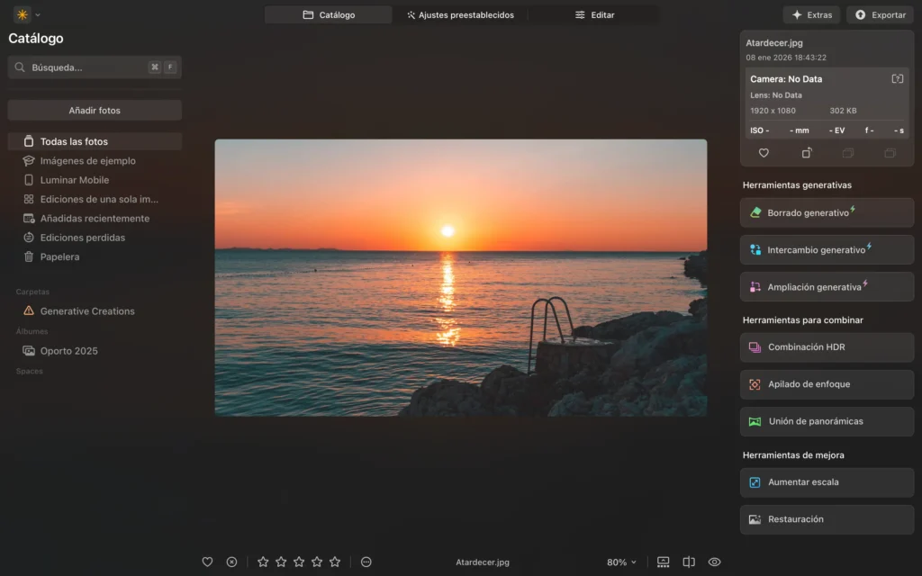 Módulo Editar de Luminar Neo con herramientas de IA y capas.