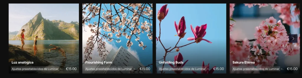 Catálogo de presets de Luminar Neo en el marketplace de Skylum.
