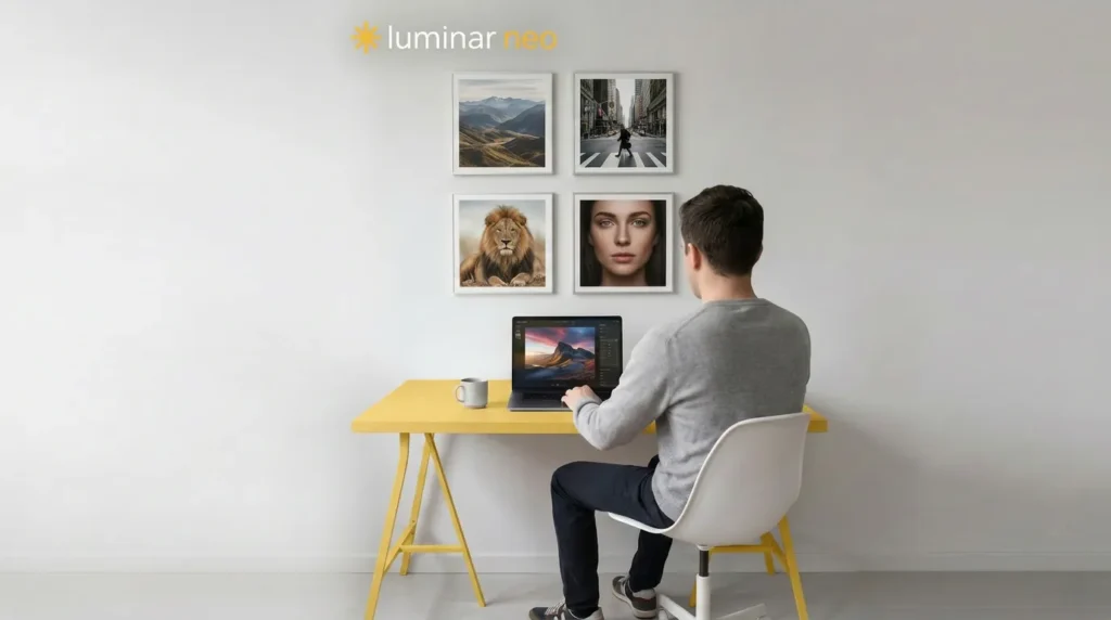 Persona editando fotos con Luminar Neo en su ordenador