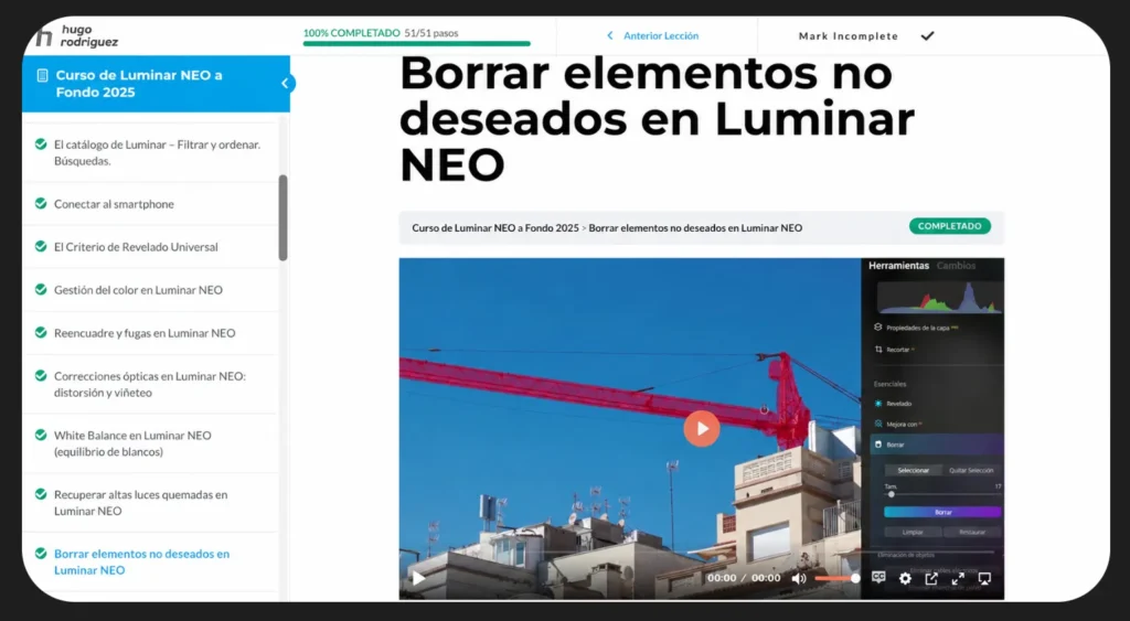 Captura del curso de Luminar Neo a fondo de Hugo Rodríguez.