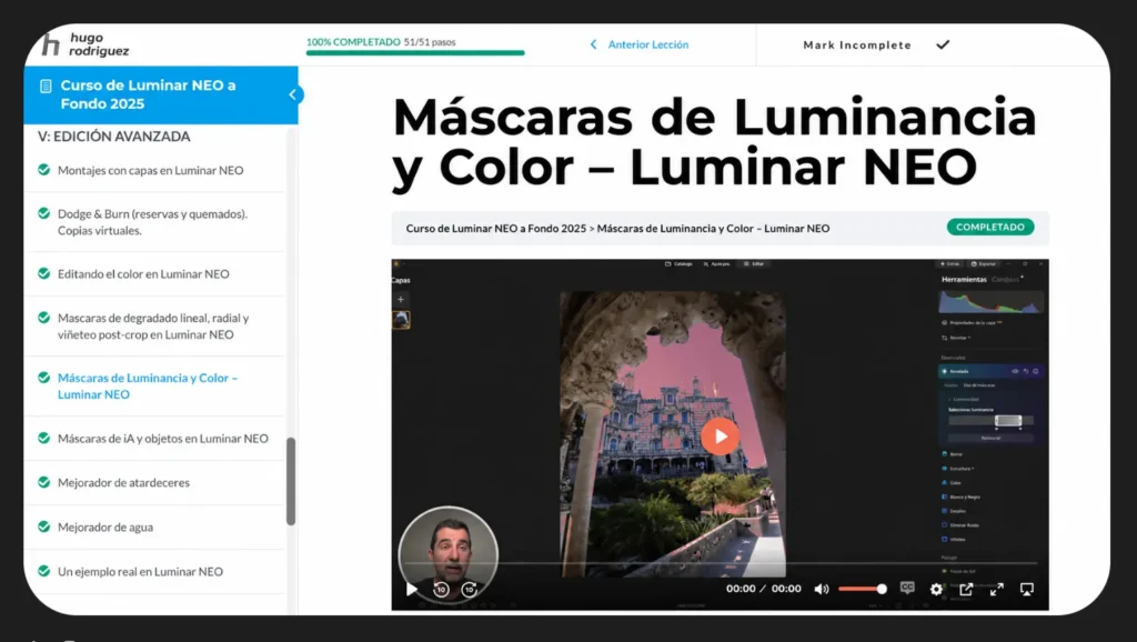 Captura del curso de Luminar Neo a fondo de Hugo Rodríguez.