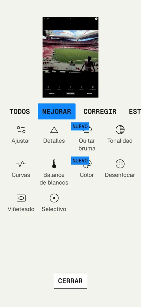 Pestaña mejorar Snapseed app móvil