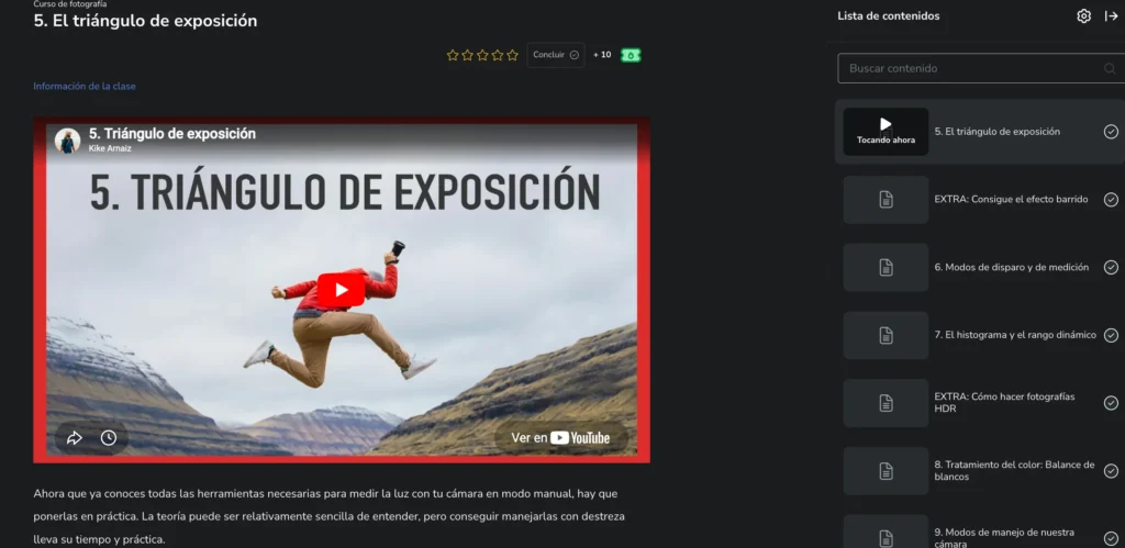 Ejemplo de módulo dentro de la plataforma del curso de iniciación a la fotografía de Kike Arnaiz.