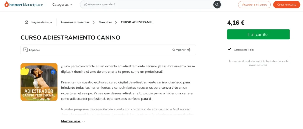 Ejemplo de curso en Hotmart monetizando con Instagram.