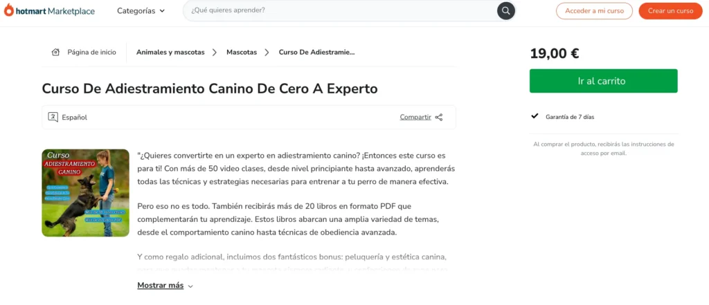 Ejemplo de curso en Hotmart monetizando con Instagram.