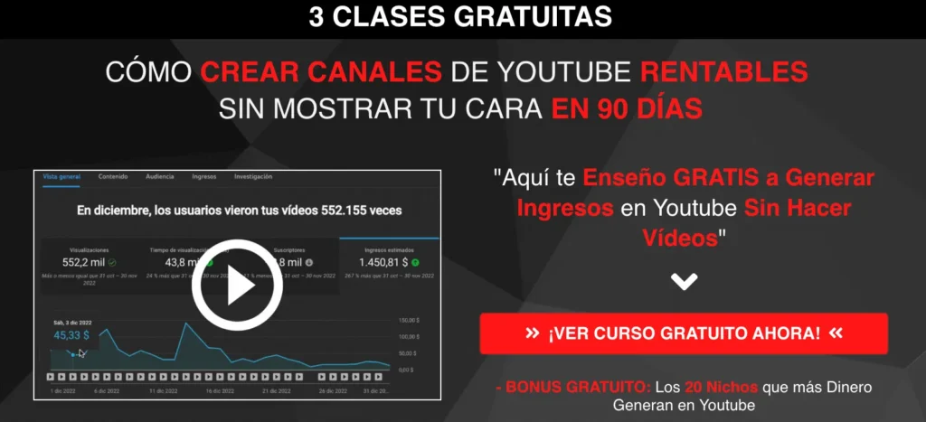 Captura del acceso a las 3 clases gratuitas del curso Monetizatube.