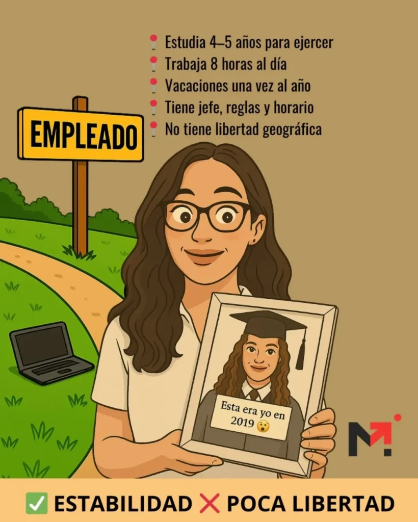 Comparativa promocional de Mari Fuentes entre su etapa como empleada y como emprendedora, creadora de Monetizatube.
