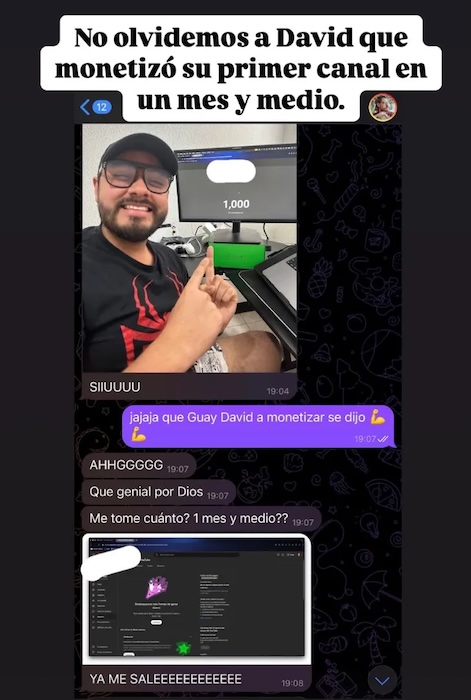 Captura de la comunidad de alumnos de Monetizatube: David monetiza su canal en un mes y medio.