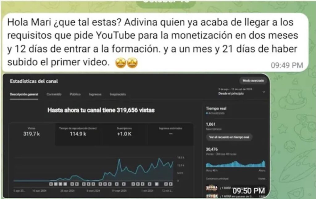 Captura de la comunidad de alumnos de Monetizatube: alumno alcanza los requisitos de monetización en 2 meses y 12 días.