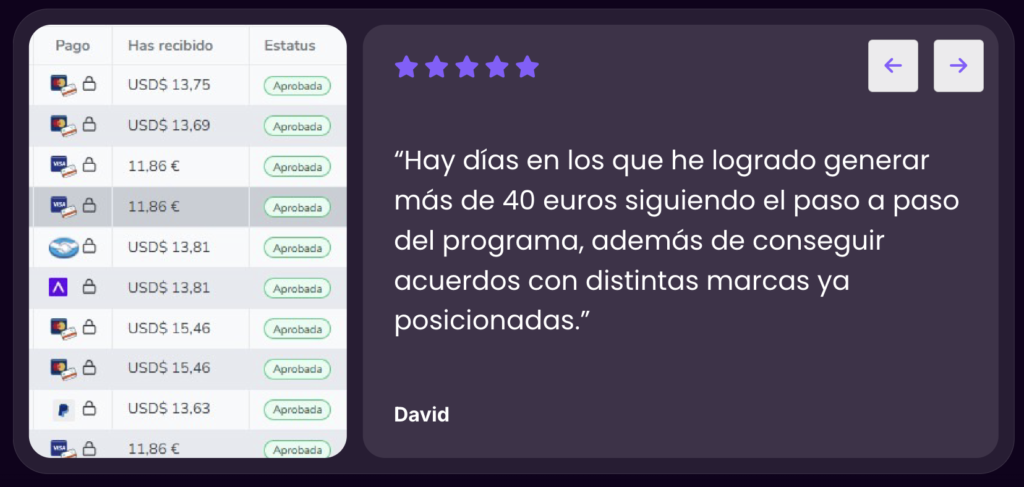 Captura de testimonio de David en la landing de Monetizagram, tabla de pagos aprobados y valoración de 5 estrellas, afirmando ganancias diarias de más de 40 euros