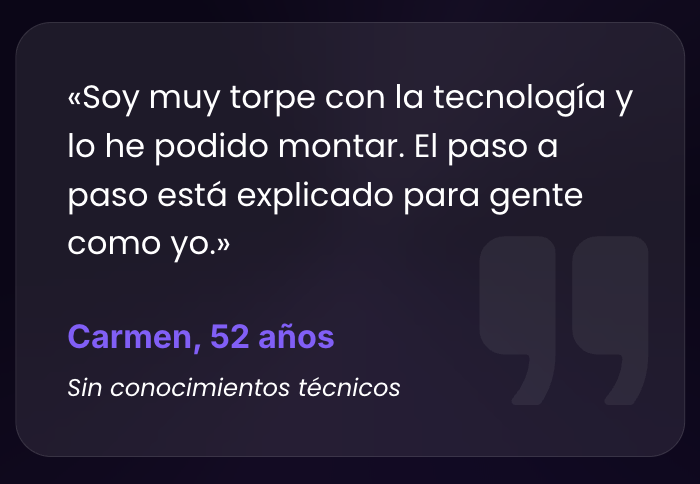 Captura de testimonio de Carmen, 52 años, en la landing de Monetizagram, sobre seguir el método sin conocimientos técnicos.