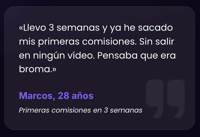 Captura de testimonio de Marcos, 28 años, en la landing de Monetizagram, sobre conseguir sus primeras comisiones en 3 semanas.