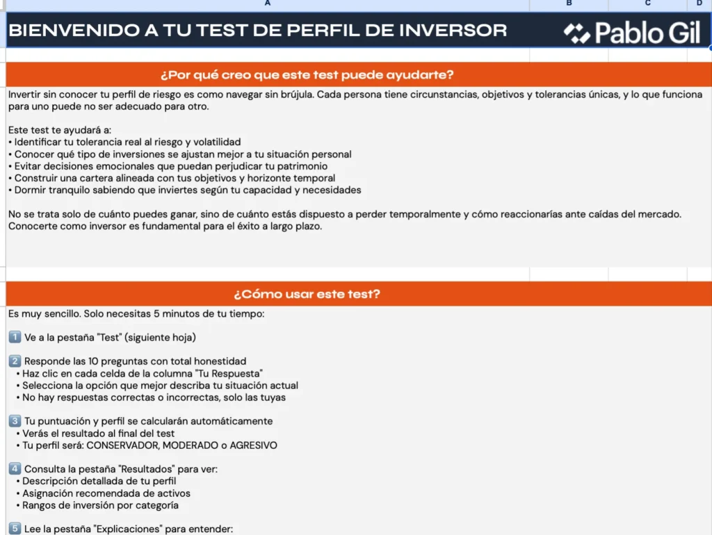Test de perfil inversor del módulo 2 del curso Finanzas Personales para la Vida Real, de Pablo Gil.