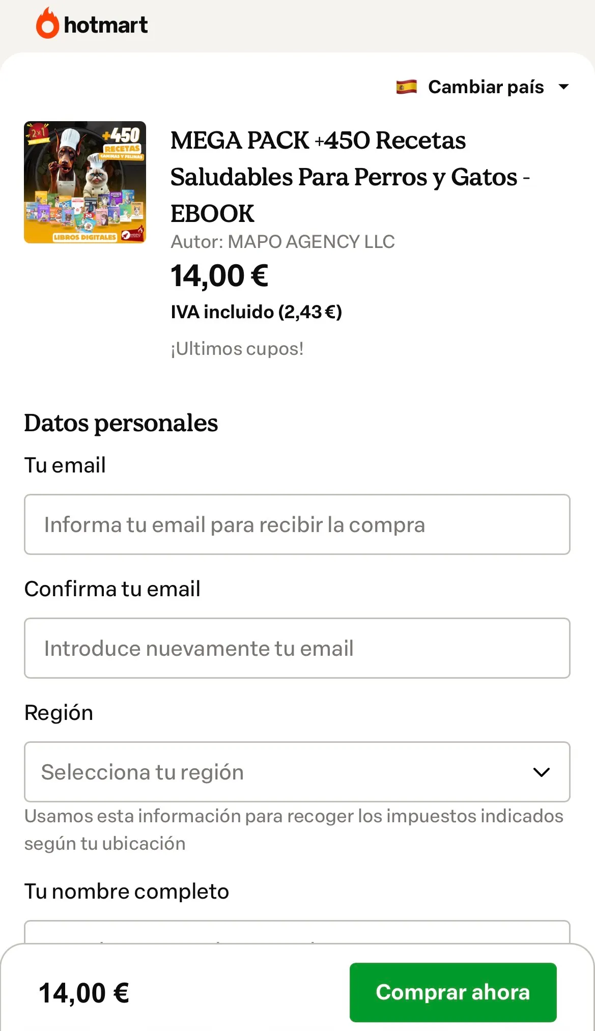 Checkout de Hotmart del producto vendido a través del embudo de @perritocuidados.