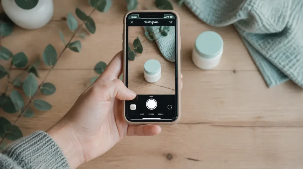 Móvil fotografiando un producto sobre una mesa, con la app de Instagram abierta, ilustrando la creación de contenido para una colaboración de marca.