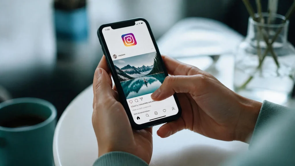 Mano sosteniendo un móvil con la app de Instagram abierta, comprobando si el pago directo está disponible.