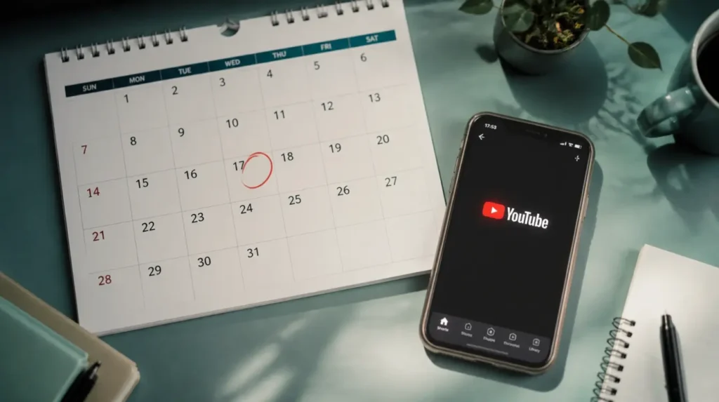 Calendario con fecha marcada y móvil con la app de YouTube, ilustrando el plazo del cambio de requisitos en 2027.