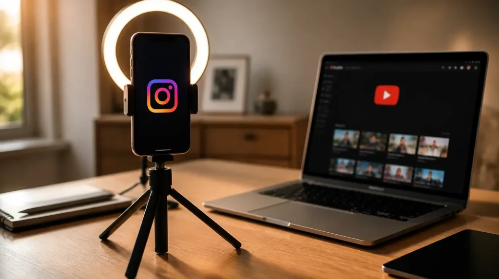 Set de grabación de contenido con un móvil con la app de Instagram y un portátil con el logo de YouTube, representando la creación de contenido para monetizar en redes sociales