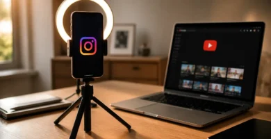 Set de grabación de contenido con un móvil con la app de Instagram y un portátil con el logo de YouTube, representando la creación de contenido para monetizar en redes sociales