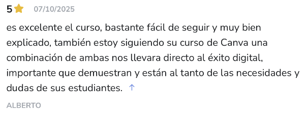 Opinión de Alberto en Hotmart, 5 estrellas: dice que el curso es fácil de seguir y que atienden las dudas de los alumnos.