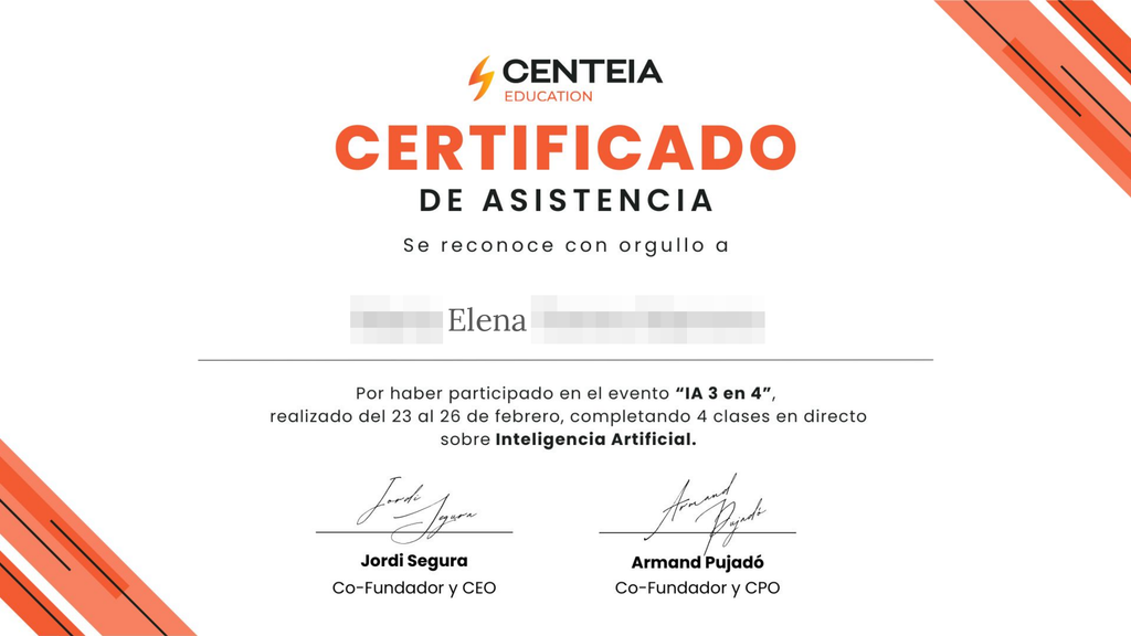 Certificado de asistencia al evento IA 3 en 4 de CenteIA, febrero de 2026.