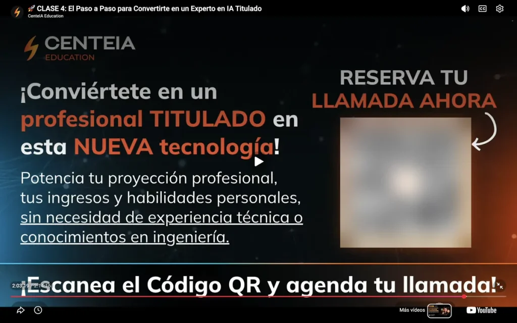 Diapositiva final de la cuarta clase gratuita de CenteIA, con el código QR de reserva de llamada difuminado.