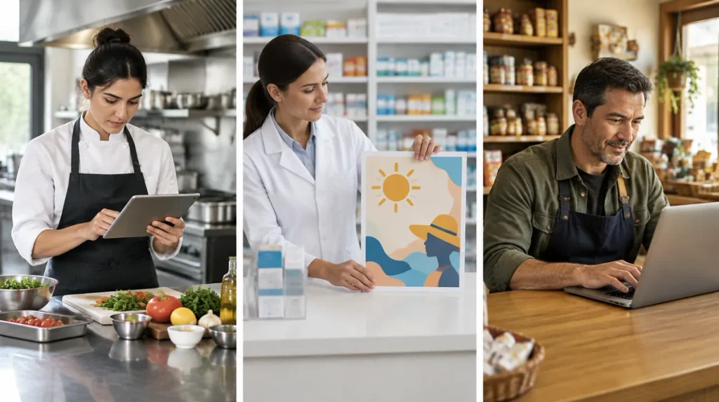 Tres usos de la IA en el trabajo: una cocinera con una tablet en la cocina, una farmacéutica colocando un cartel en el mostrador y el dueño de un comercio con el portátil.