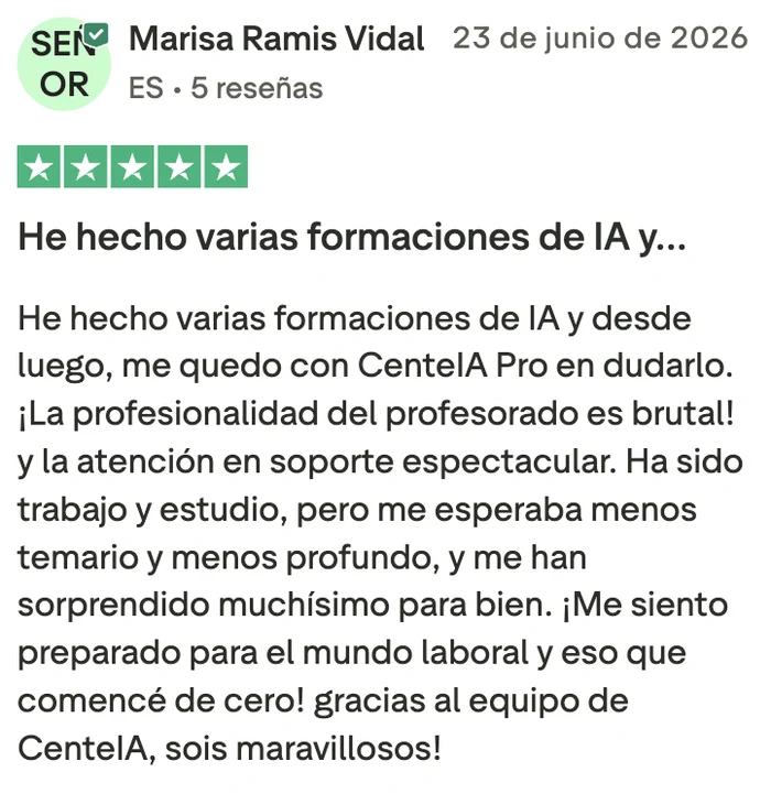 Opinión de cinco estrellas sobre CenteIA PRO en Trustpilot