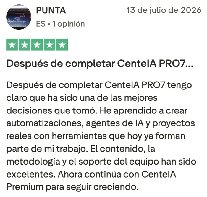 Opinión de un alumno de CenteIA PRO7 en Trustpilot.