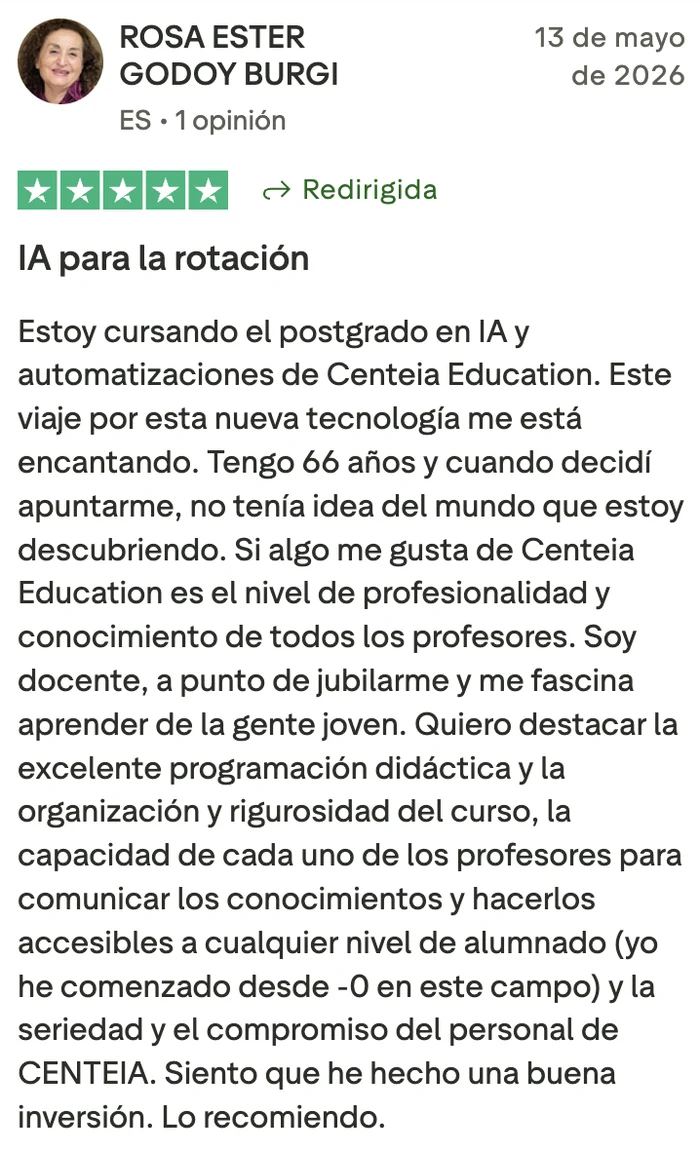 Opinión de una alumna de 66 años sobre CenteIA en Trustpilot.