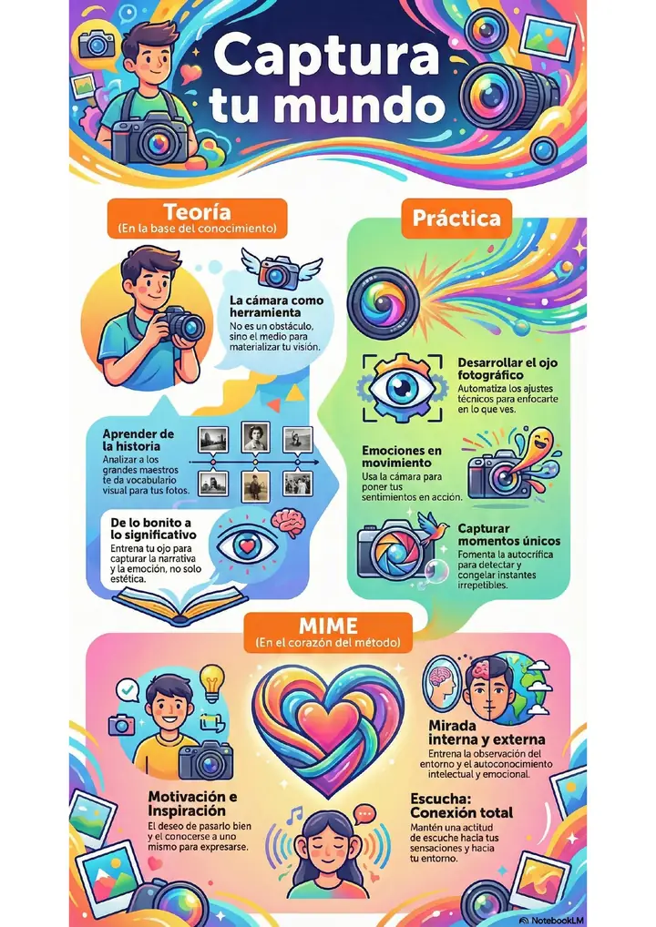 Infografía «Captura tu mundo» con el método del taller de fotografía: teoría, práctica y método MIME.
