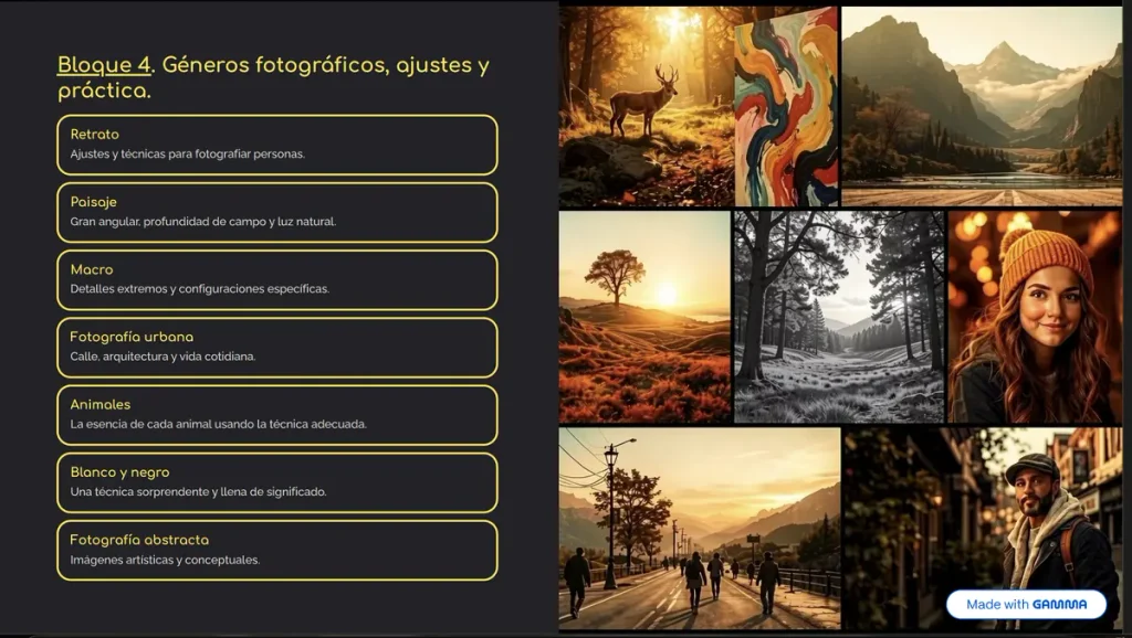 Diapositiva del taller de fotografía hecha con Gamma sobre géneros fotográficos: retrato, paisaje, macro, urbana, animales, blanco y negro y abstracta.